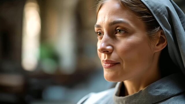 Close up portrait of a serene woman in a religious habit with composed and peaceful features soft diffused church light creating a dignified and serene quality fine habit fabric