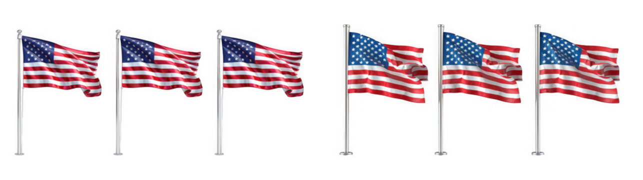 Waving American Flags on Poles Isolated on White Background Representing Patriotism and Freedom isolated on transparent background
