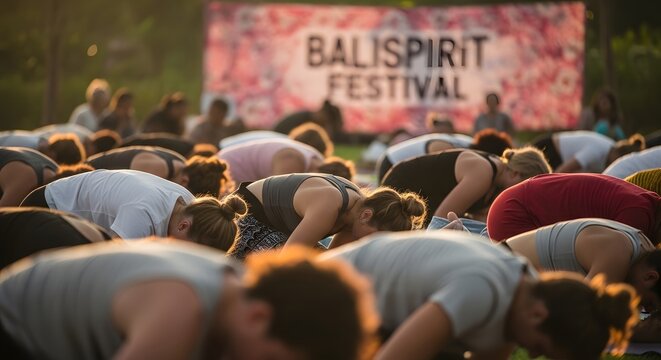 Large group of people practicing yoga at Balispirit festival