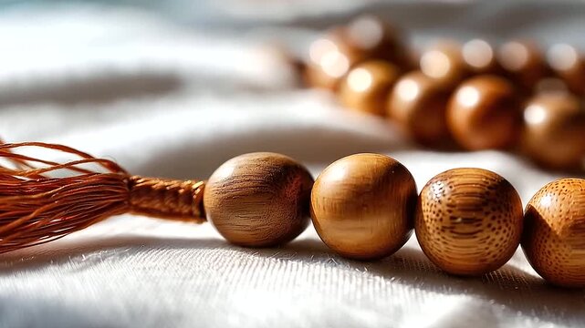 Close up of a string of polished wooden prayer beads arranged in a gentle curve on a clean white linen surface warm natural light creating soft shadows between each bead the