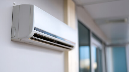 Fototapeta na wymiar Modern Interior Wall-Mounted Air Conditioner Unit Provides Cooling Comfort in Home or Office Environment, Essential HVAC Technology