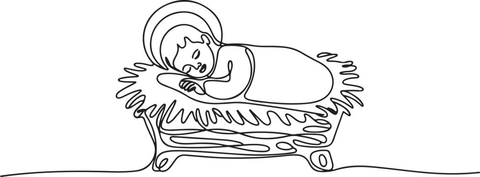 the Jesus Christ baby in a manger. Continuous line christmas feeder for animals icon. one line art icon drawing vector