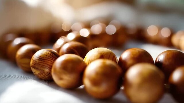 Close up of a string of polished wooden prayer beads arranged in a gentle curve on a clean white linen surface warm natural light creating soft shadows between each bead the