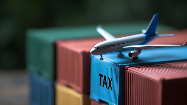 Miniature airplane sits atop a stack of colorful shipping containers, one labeled 'TAX', symbolizing global trade, logistics, and financial concept