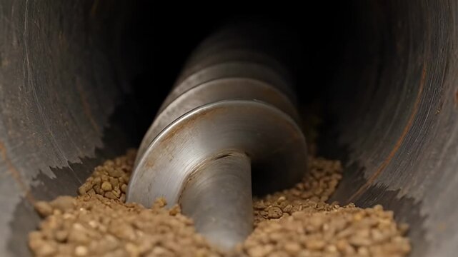 Close up of industrial screw conveyor transporting grains or seeds