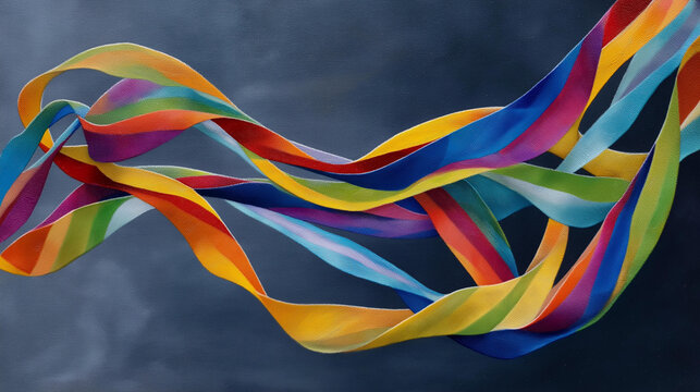 Abstract artwork of flowing colorful ribbons in a range of vibrant hues swirling against a deep dark background, colorful ribbon flow, vibrant ribbon abstract, dark background