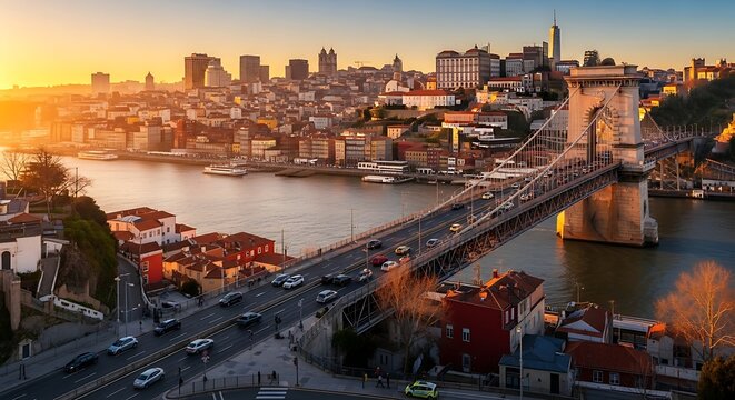 Sunset over porto city with dom luis i bridge and river douro