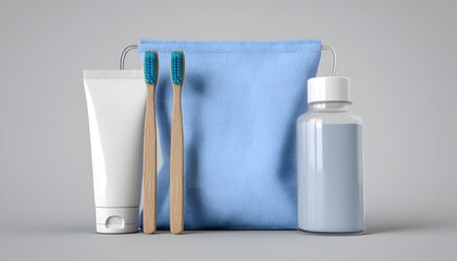 Toiletry items arranged neatly on a gray background for personal care and hygiene.
