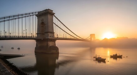 Fototapeta premium Suspension bridge over calm water at sunrise with boats 1