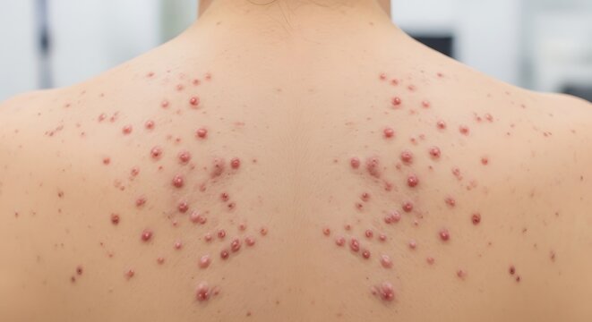 A close up view of a person with significant acne breakouts covering their bare upper back skin
