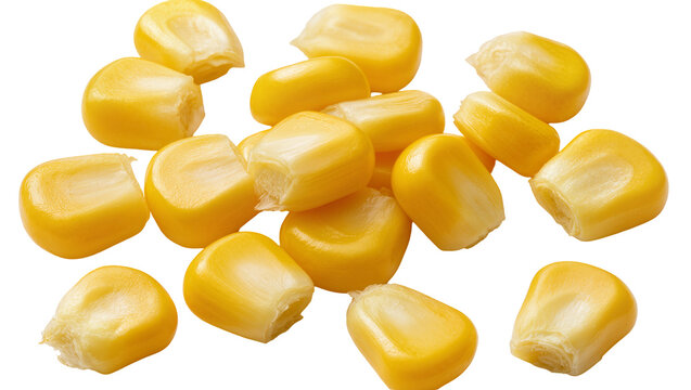 Bright yellow sweet corn kernels, fresh and juicy, scattered and isolated on transparent background, healthy food ingredient PNG
