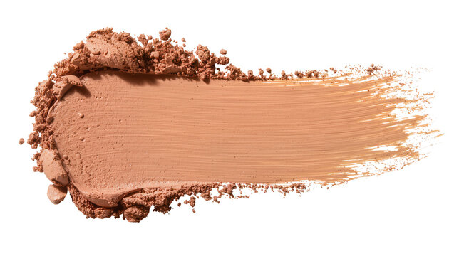 Textured cosmetic powder smear in a warm nude tone, with scattered loose particles, isolated on transparent background, beauty product swatch for makeup design