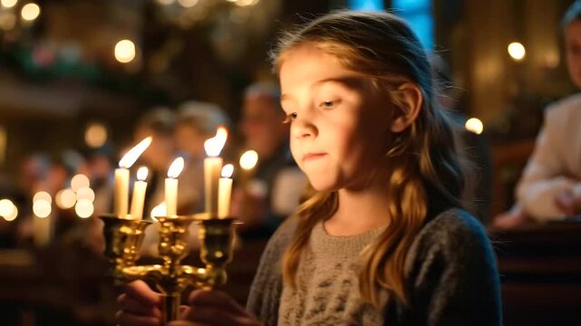 Wide atmospheric scene of a children's choir gathered in a softly lit ceremonial hall a young girl in the foreground holding a glowing multi branched candelabra with all candles