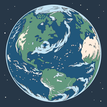 Earth from space with blue oceans and green continents planet globe