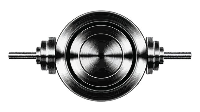 Metallic, monochrome illustration of a weight lifting device. Centered design with concentric plates and bars