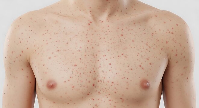 A close-up view of a person's bare chest showing an extensive red rash with small bumps and lesions