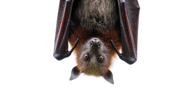Detailed close-up of a large fruit bat, or flying fox, hanging upside down, its furry body and dark wings clearly visible, isolated on a transparent background