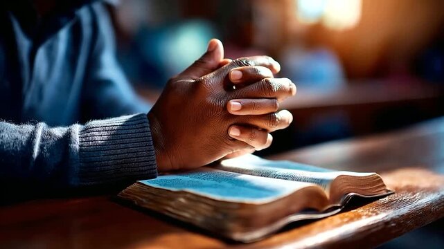 Close up of a man's hands from above placed flat on an open sacred text in prayer the worn pages of the book showing devoted use warm church or home ambient light