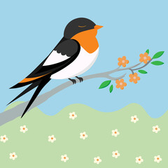 Fototapeta premium bird on a branch in spring flat style, childish simple style