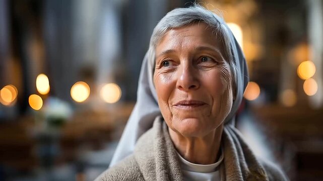 Close up portrait of a mature woman in a traditional religious habit a warm genuine smile conveying decades of devoted service soft natural church light illuminating her face