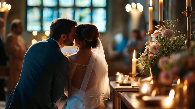 Faceless bride and groom from behind kneeling together before a church altar in prayer the bride's veil cascading softly down her back both figures perfectly still in the shared