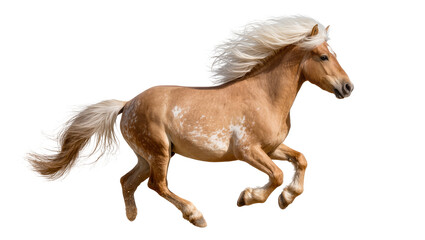 Majestic palomino horse with flowing blonde mane and tail, captured mid-gallop, isolated PNG on transparent background, showcasing power and grace © Saoirse