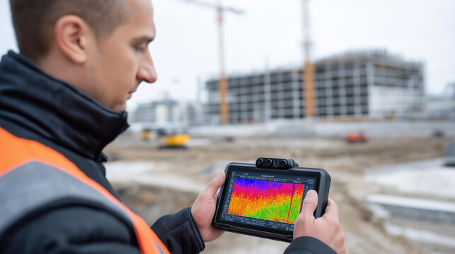 Faceless drone operator piloting a thermal imaging drone over a construction site, infrared heat pattern data visible on remote controller screen, defocused building under