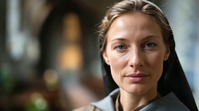 Close up portrait of a serene woman in a religious habit with composed and peaceful features soft diffused church light creating a dignified and serene quality fine habit fabric