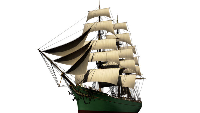 Majestic green-hulled tall ship with full sails, a classic sailing vessel isolated on transparent background, ready for maritime adventure designs