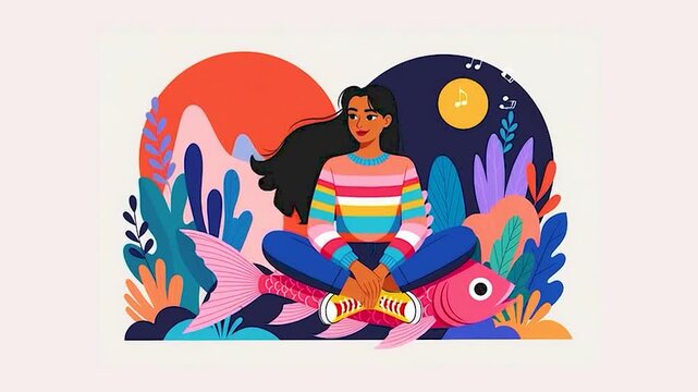 Surreal flat vector illustration of woman singing and petting a giant pink fish. generated with AI