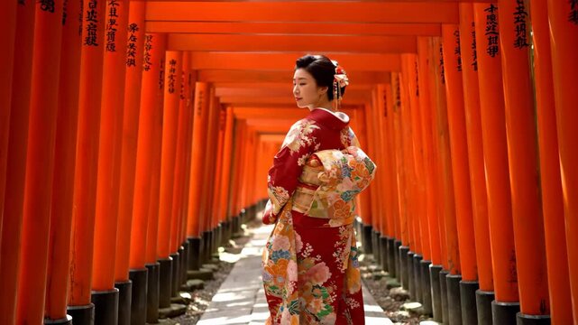 Woman in ornate kimono posing amidst vibrant orange torii gates