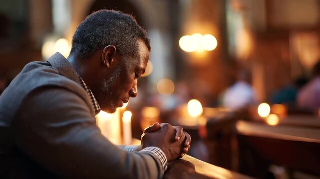 Faceless African American man from behind seated in a church pew in prayer head bowed and hands clasped on the pew in front of him warm church candlelight falling across his