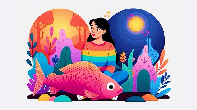 Surreal flat vector illustration of woman singing and petting a giant pink fish. generated with AI