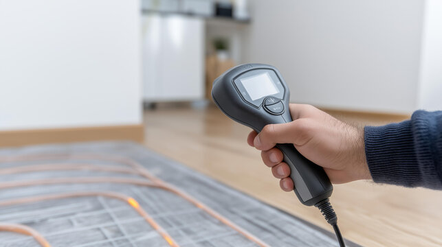 Faceless specialist scanning underfloor radiant heating system with a thermal camera, warm pipe pathways glowing through floor material on infrared display, defocused modern