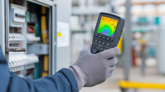 Unrecognizable technician's gloved hands holding a professional thermal imaging device pointed at an open electrical panel, vibrant heat map on screen revealing hotspots and