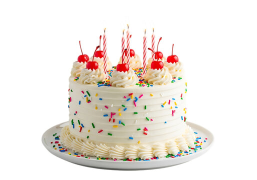 A white frosted cake with colorful sprinkles and cherries on top isolated on transparent background