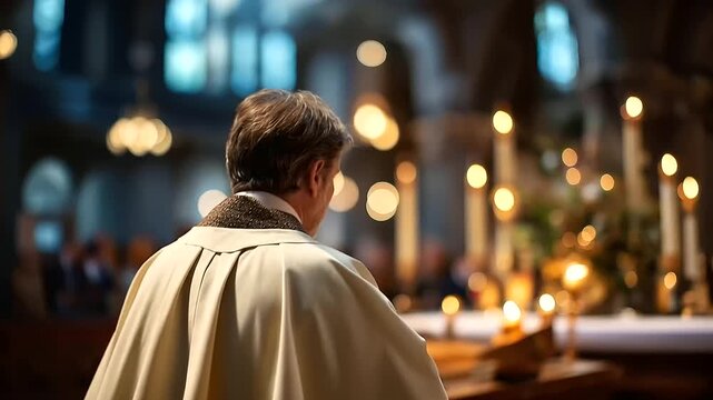 Faceless religious figure from behind in clerical attire at the front of a warmly lit church interior one hand raised in a gesture of blessing toward an implied congregation