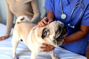 Veterinarian examining adorable pug.