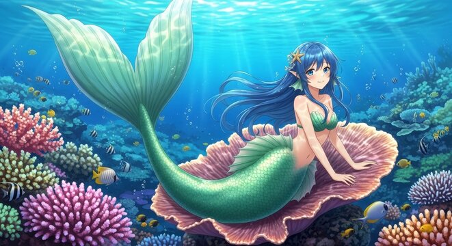 A young mermaid with emerald scales rests upon a giant pink seashell surrounded by diverse pink and purple coral formations under blue water.