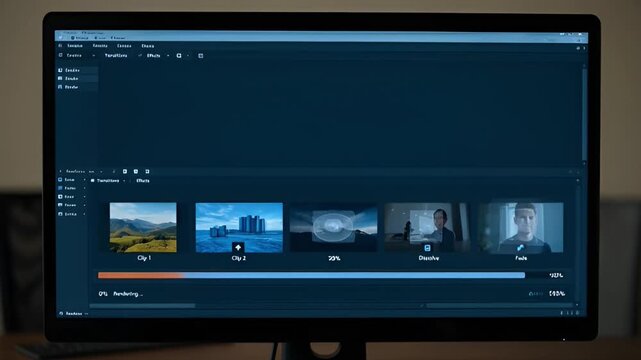Computer screen displaying various images indoors against a neutral background