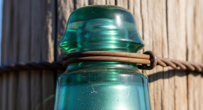 Green glass insulator on wooden fence.