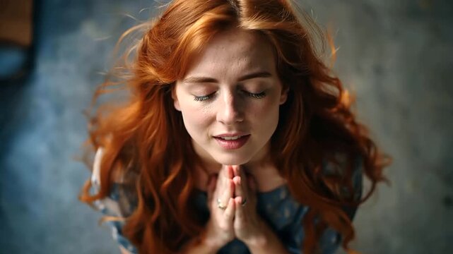 Close up top down view of a young woman from above kneeling on a smooth floor long red hair spreading elegantly across the floor around her bowed head hands clasped in a prayer