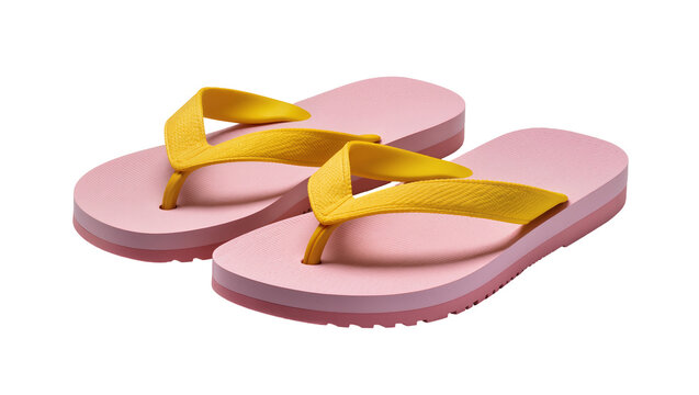 Vibrant pink and yellow flip-flops, a perfect pair of casual summer footwear isolated on transparent background, ready for beach and pool activities PNG