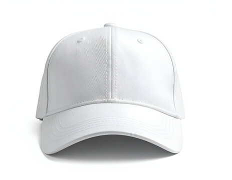 Plain white baseball cap with curved brim on white background