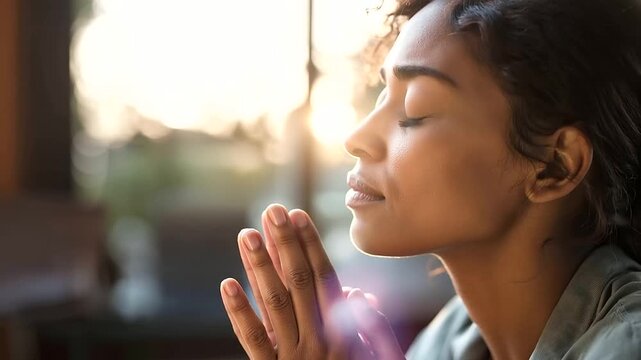 Close up of a woman's hands from above in a careful prayer posture eyes closed implied by the stillness of the pose soft natural window light illuminating the hands and the