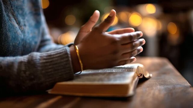 Close up of a man's hands from above placed flat on an open sacred text in prayer the worn pages of the book showing devoted use warm church or home ambient light