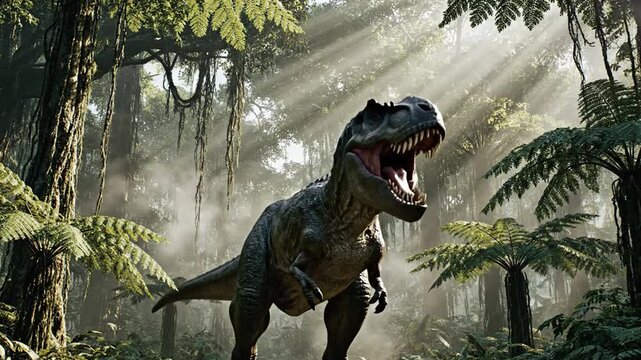 A dinosaur, likely a Tyrannosaurus Rex, roars in a misty, prehistoric forest, with lush greenery and trees in the background, possibly for a film or educational use