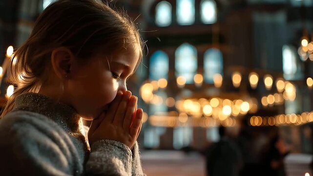 Close up of a small girl's hands pressed together in prayer inside a warmly lit mosque interior golden afternoon light filtering through decorative windows and falling across her
