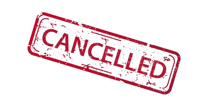 Red cancelled stamp appears on white background. Text shows worn, gritty texture. Stamp rotates slightly across frames. Visual indicates official cancellation notice. Suitable for business, legal