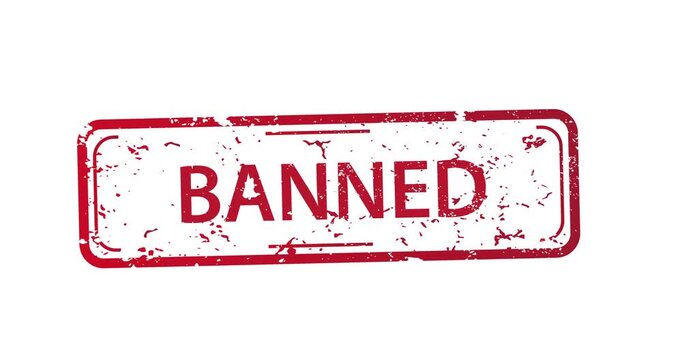 Red stamp with worn texture says banned in bold letters. Three frames show identical stamp. Used for legal, political, or censorship concepts. Clear white background enhances visibility